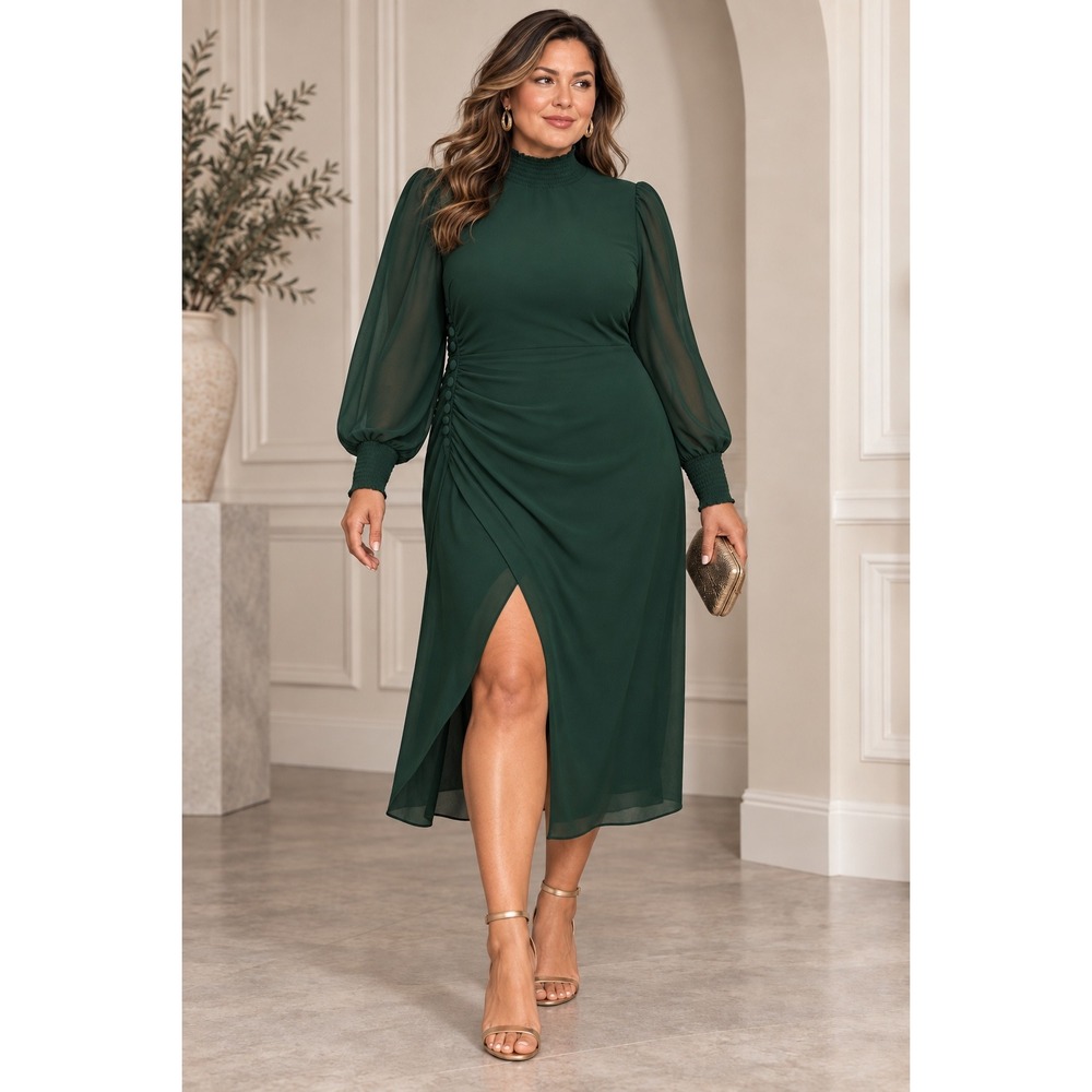 REFORMATION Aude High-Neck Midi Dress 20 Long Sleeve Wedding Cocktail Green